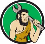 Neanderthal Caveman With Spanner Circle Cartoon Stock Photo