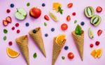 Cones And Colorful Various Fruits Raspberry ,blueberry ,strawber Stock Photo