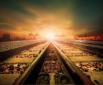 Junction Of Railways Track In Trains Station Agains Beautiful Light Of Sun Set Sky Use For Land Transport And Logistic Industry Background ,backdrop,copy Space Theme Stock Photo