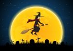 Halloween Witch On Broom Moon Graveyard Stock Photo