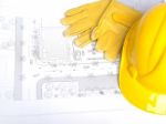 Hard Hat And Leather Gloves Stock Photo