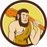 Neanderthal Man Holding Club Circle Cartoon Stock Photo