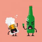 Angry Beer Bottle With Glass Of Beer Character Stock Photo