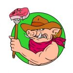 Cowboy Hog Holding Barbecue Steak Drawing Color Stock Photo