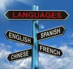 Languages Signpost Means English Chinese Spanish And French Stock Photo