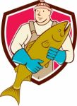 Fishmonger Holding Salmon Fish Shield Cartoon Stock Photo