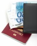 Euros In Wallet And Passport Stock Photo