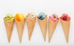 Various Of Ice Cream Flavor In Cones Blueberry ,strawberry ,pist Stock Photo