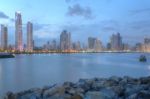 Panama City Center Skyline And Bay Of Panama, Panama, Central Am Stock Photo