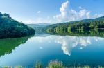 Landscape Of The Dam And Lake On The Mountain With Tree And Forest Stock Photo