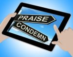 Praise Condemn Tablet Shows Approval Or  Disapproval Stock Photo