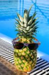 Pineapple Wearing Sunglasses At Swimming Pool Stock Photo