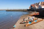 Rowing Boats Beached On The Sand At Whitby Stock Photo