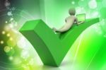 3d Man With Laptop Lying On The Right Mark Stock Photo