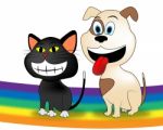 Dog Cat Rainbow Represents Colorful Doggy And Kitten Stock Photo