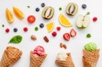 Cones And Colorful Various Fruits Raspberry ,blueberry ,strawber Stock Photo