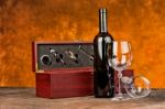 Wine Case With Wine Bottle Stock Photo