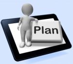 Plan Button With Character Shows Objectives Planning And Organiz Stock Photo