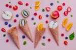 Cones And Colorful Various Fruits Raspberry ,blueberry ,strawber Stock Photo
