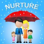 Nurture Kids Shows Umbrellas Supporting And Offspring Stock Photo