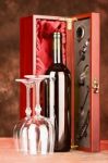 Wooden Wine Case With Wine And Glasses Stock Photo