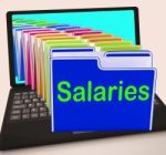 Salaries Folders Laptop Show Paying Employees And Remuneration Stock Photo