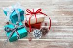 Christmas Gift Box On Wooden Table Stock Photo