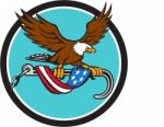 American Eagle Clutching Towing J Hook Flag Drape Circle Retro Stock Photo