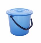 Upper Side Blue Bucket With Cover On White Background Stock Photo