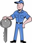 Locksmith Standing Front View With Key Stock Photo