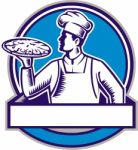 Pizza Chef Serving Pizza Circle Woodcut Stock Photo