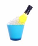 Bottle Of Liquor In Blue Ice Bucket On White Background Stock Photo