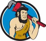 Neanderthal Caveman Plumber Monkey Wrench Circle Cartoon Stock Photo