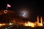 Moon, Star Anf Turkish Flag Are Together At Night Stock Photo