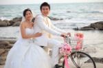 Couple Of Young Man And Woman In Wedding Suit Ridiing Old Bicycl Stock Photo
