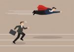 Businessman Superhero Fly Pass His Competitor Stock Photo