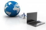 3d Human Character Person With A Laptop And A Earth Globe Stock Photo