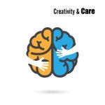 Creative Brain Logo Design Template With Small Hand Stock Photo