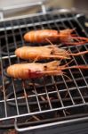 Grilled Prawns On The Grill Stock Photo