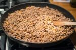 Minced Meat In Frying Pan Stock Photo
