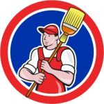 Janitor Cleaner Holding Broom Circle Cartoon Stock Photo