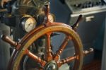 Wood Steering Wheel In Big Ship Stock Photo