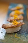 Japanese Style Sushi Fried Goose Liver Stock Photo