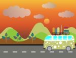Side View Of Vintage Passenger Van Car With Mountain Background Stock Photo