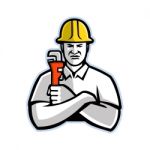 Pipefitter Holding Pipe Wrench Mascot Stock Photo
