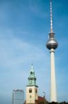 View Towards The Berliner Fernsehturm In Berlin Stock Photo