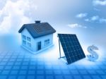 House With Solar Panels And Dollar Sign Stock Photo