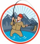 Fly Fisherman Catching Trout Fish Cartoon Stock Photo