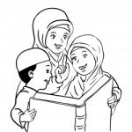 Cartoon Muslim Mather And Kids Read Book- Illustration Stock Photo