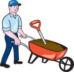 Gardener Pushing Wheelbarrow Cartoon Stock Photo